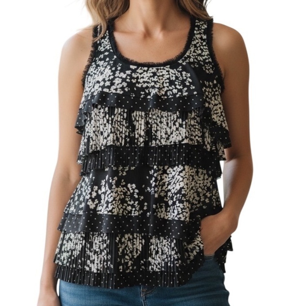 WHITE HOUSE BLACK MARKET Floral Polka Dot Tiered Ruffle Tank Top NWT $88 Size XS